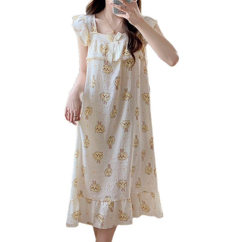 Women's Summer Woven Cotton Camisole Nightgown with Built-in Bra - Princess Style Loungewear & Outdoor Mid-Length Skirt