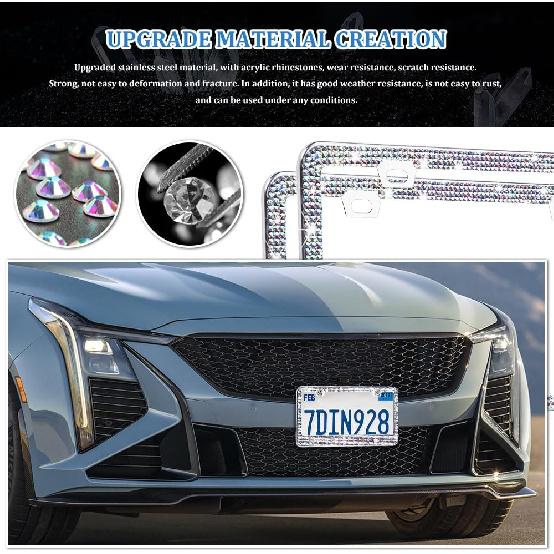 Bling License Plate Frame for Women, License Plate Holder, Sparkly Rhinestone Diamond Tag Holder Frames with Crystal Screws Caps, Stainless Steel