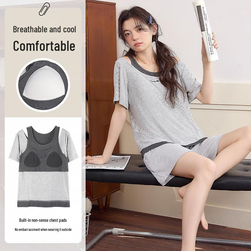 Ice Silk Ribbed Women's Sleepwear Set with Chest Pads – Short Sleeve & Shorts, Casual Wear, Indoor/Outdoor Comfort