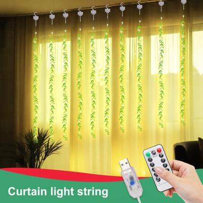 USB Artificial Leaf Willow Vines LED Lights String 8 Modes Remote LED Curtain String Light for Wedding Party Christmas Decor