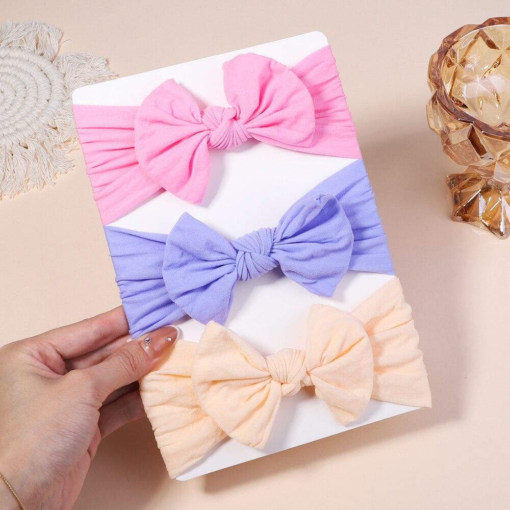 3PCS Baby Bow Headband Set Solid Color Nylon Baby Soft Elastic Wide Edge Headband Sweet Baby Headwear