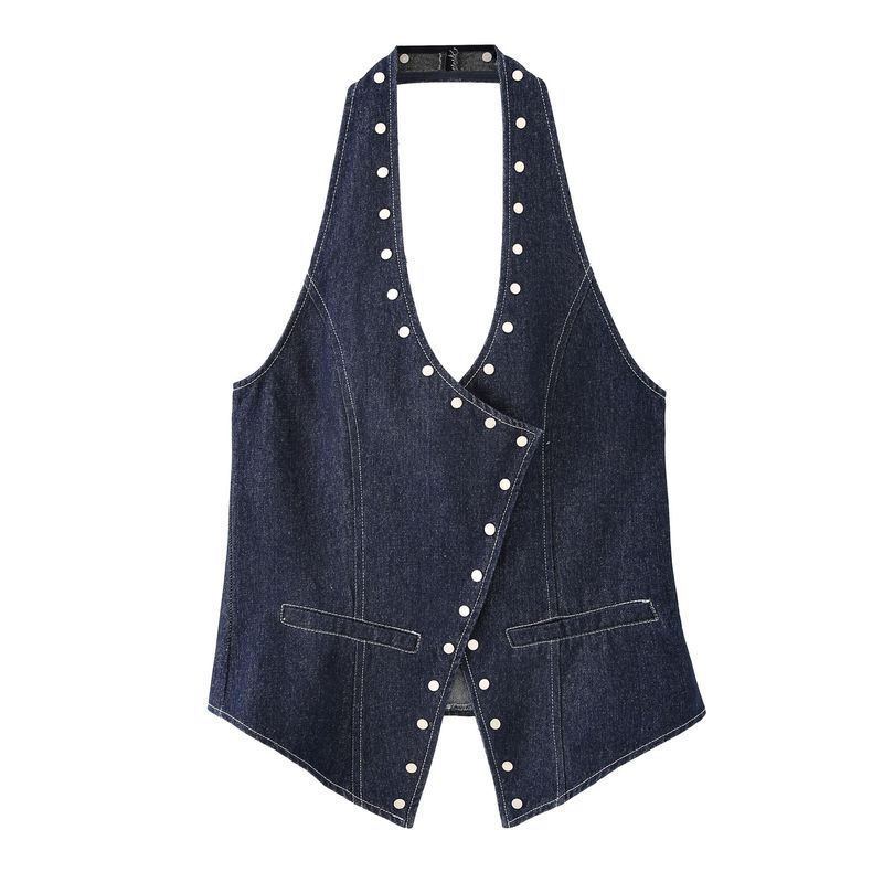 Kaslead New Women Clothes Western Style Fashion Simple Rivet Decoration Backless Denim Hanging Neck Top