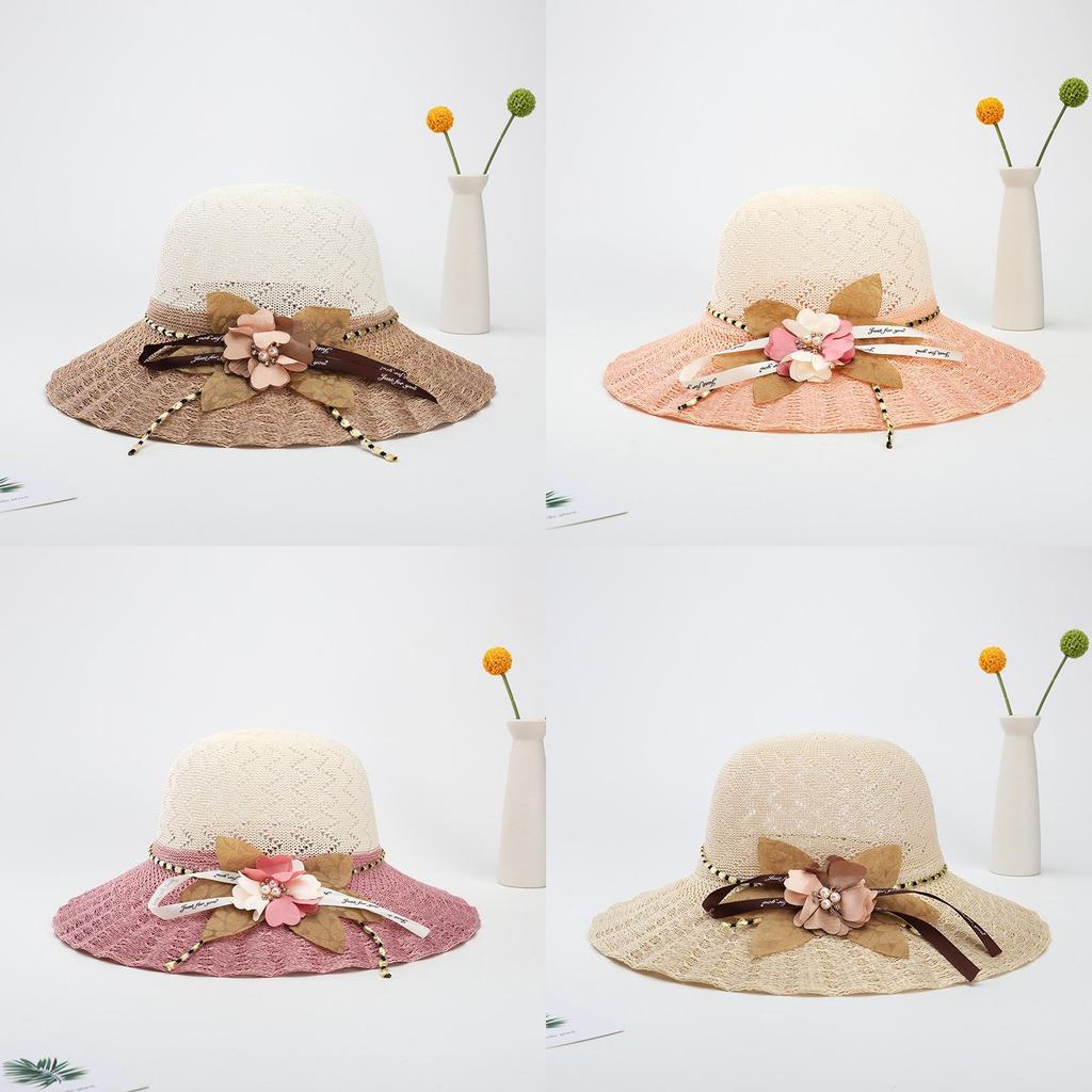 Straw Hat Women Summer Sunshade Wide Brim With Flower Pattern For Beach Vacation