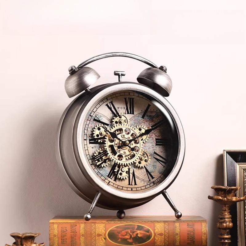 Retro Luxury Table Clocks Gear Mechanical Round Alarm Clock Living Room Silent Desktop Watch Creative Office Desk Ornament