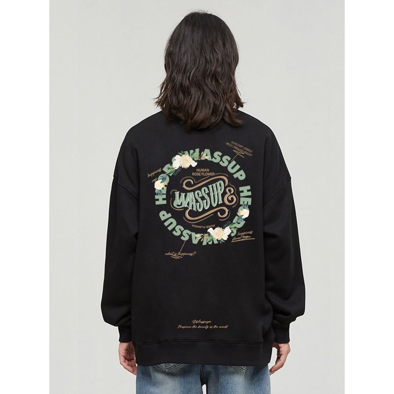 Wassup Rose Circle Letter Trendy Brand Crew Neck Sweatshirt for Men, New Heavyweight Pullover Top for Couples in Spring and Autumn