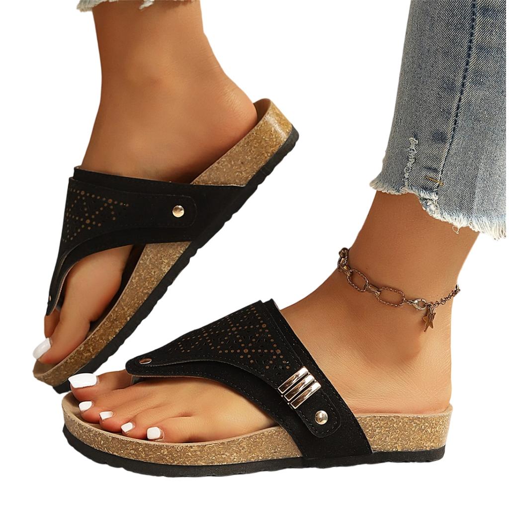 Women Plus Size Casual Hollow Out Toe Post Flip Flop Sandals Lightweight Comfortable Slip On Summer Beach Footwear