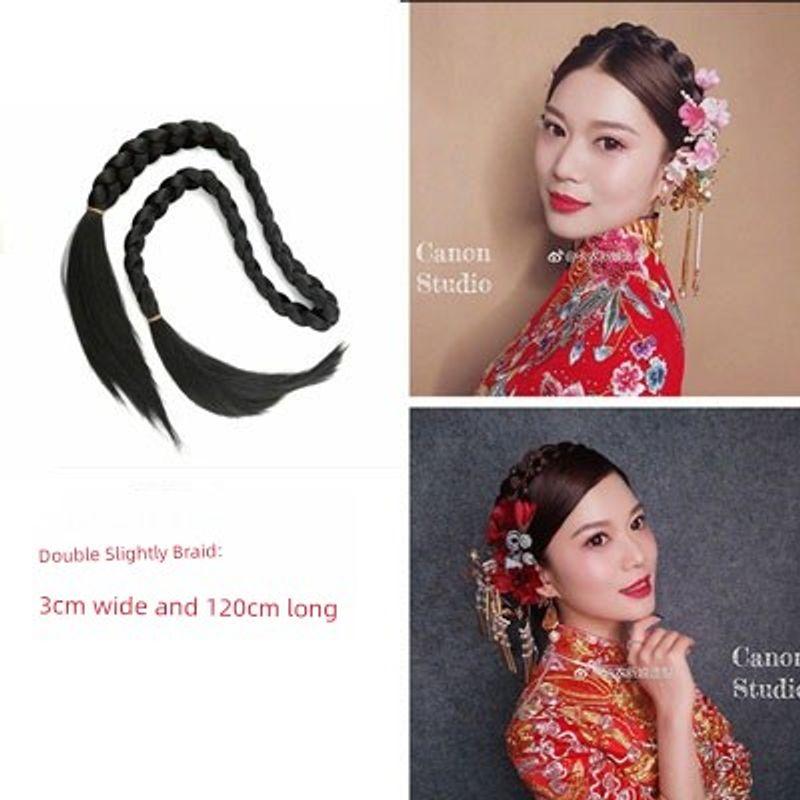 Ancient Costume Wig Double-Headed Twist Braid Republic of China Student Big Braid Chinese Bride Xiuhe Style Coiled Hair Wig Long Braid