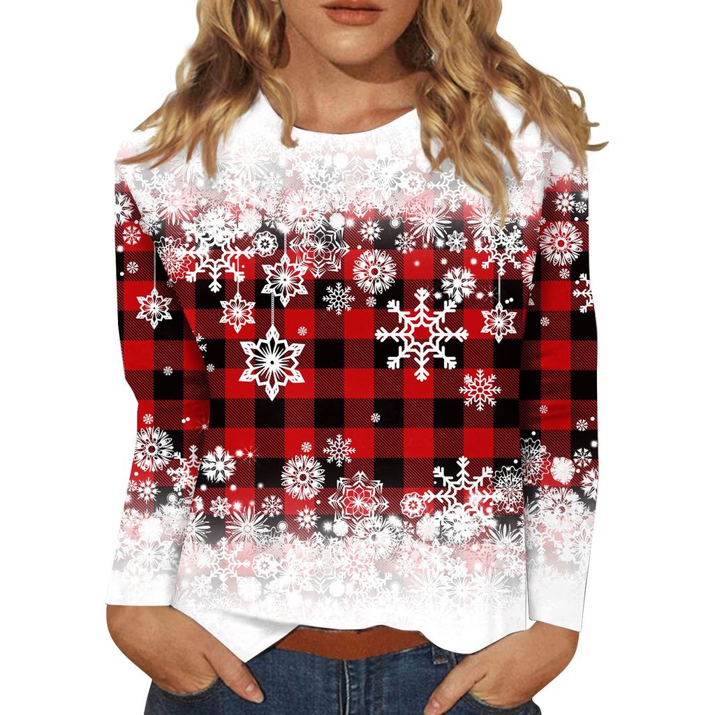 Women's Fashion Casual Long Sleeve Christmas Print Round Neck Pullover Top Blouse