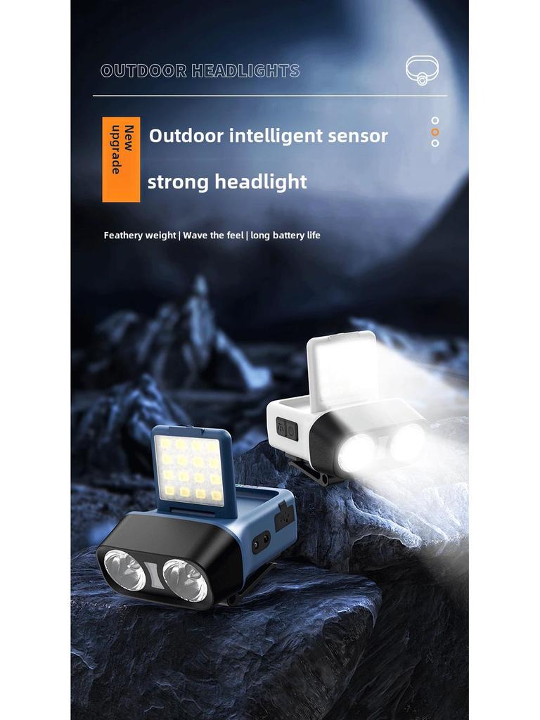 Rechargeable Waterproof Head-Mounted Fishing Light with Induction, Red Emergency Light, High Brightness, Lightweight Design.