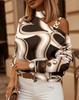 Women Long Sleeve Chain Halter Neck Printed Tops Autumn Winter Button Decorated Fashion
