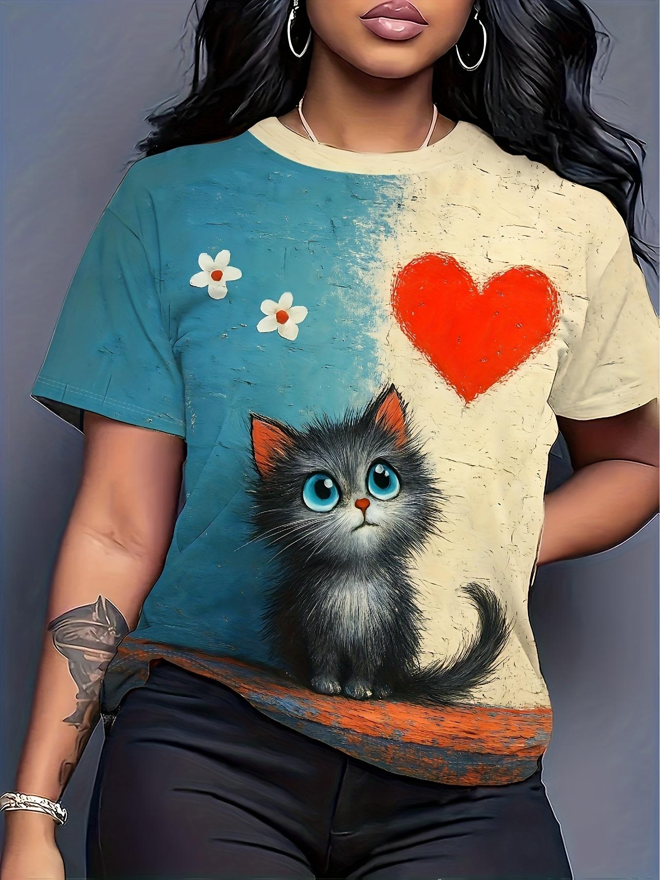 

Women s Summer Short-Sleeve T-Shirt - Round Neck Cat ; Heart Print Blouse Suitable for Casual Wear. Machine Washable Opaque Top with Kitten. Non- for 3XL дубильная кора