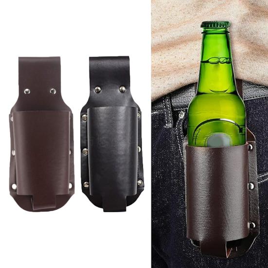 Beer Holster Belt Waist Bag Faux Leather Beer Holder Travel Pouch Soda Beer Bottle Holder for Picnic Beach BBQ Camping