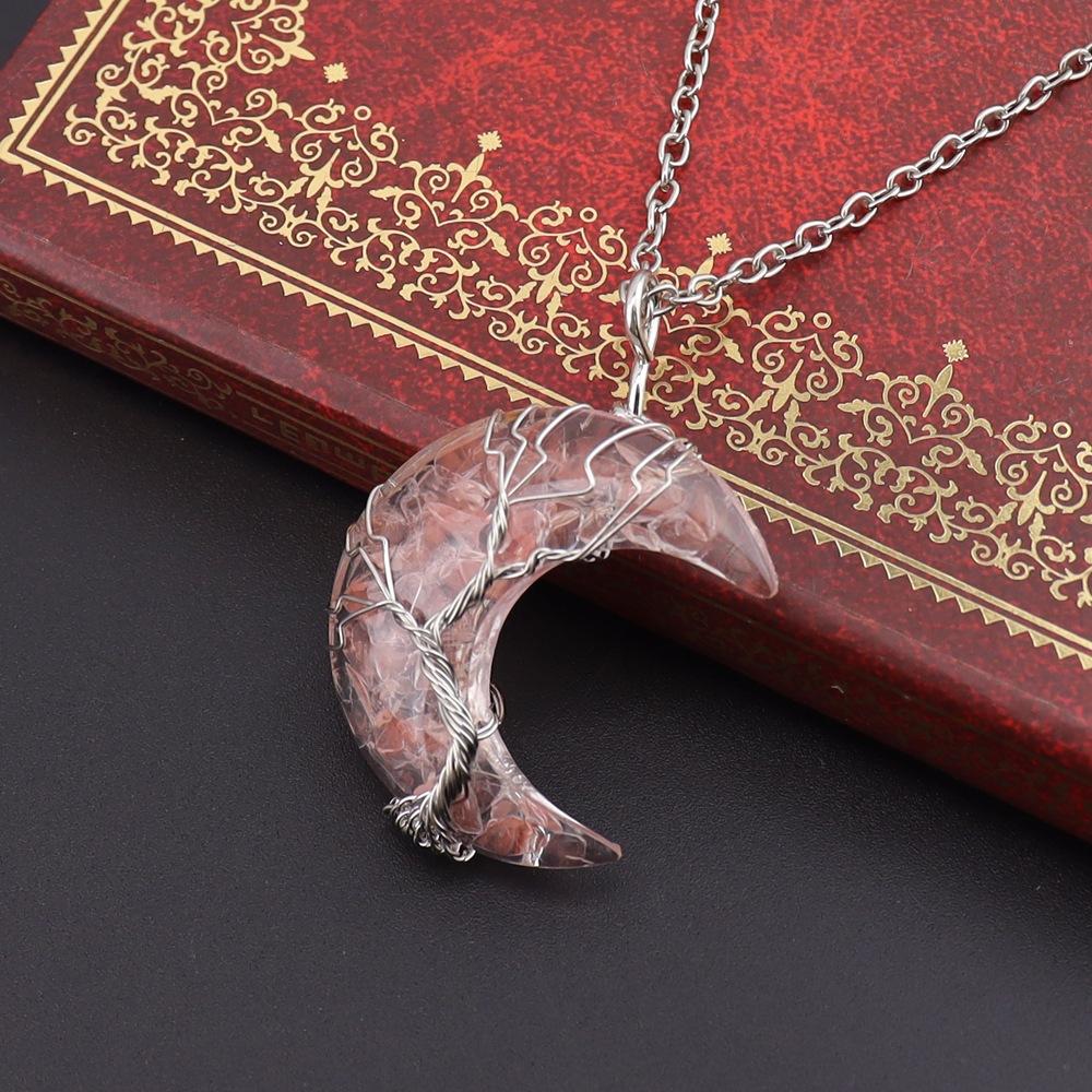 Chakela Natural Crystal Gravel Resin Winding Tree Of Life Moon Pendant Crescent Necklace N755