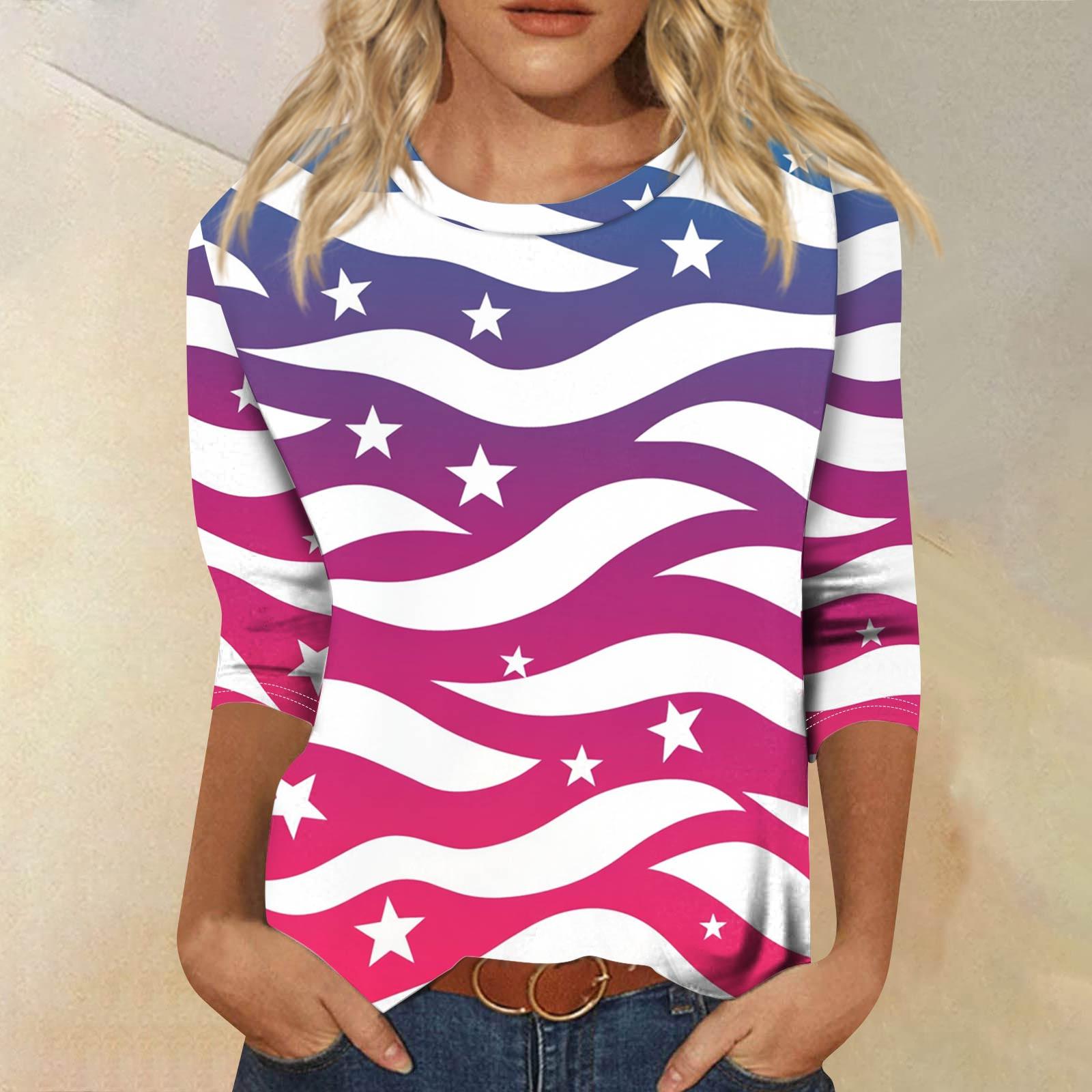 

Женская мода повседневный топ с круглым вырезом и принтом на День независимости с семью рукавами XXXL