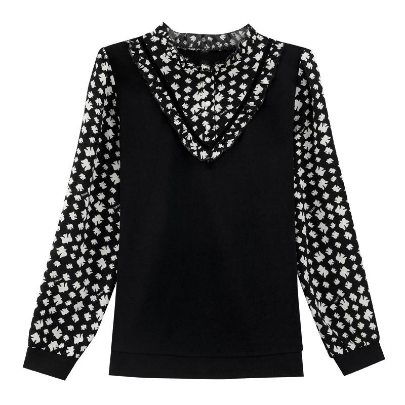 

2026 Spring and Autumn Long-Sleeve Slim-Fit Shirt with Ruffled Edge and Printed Design for Women M чёрный