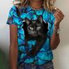 Women's Cat Print T-Shirt, Cute Short-Sleeve Summer Top, Breathable Casual