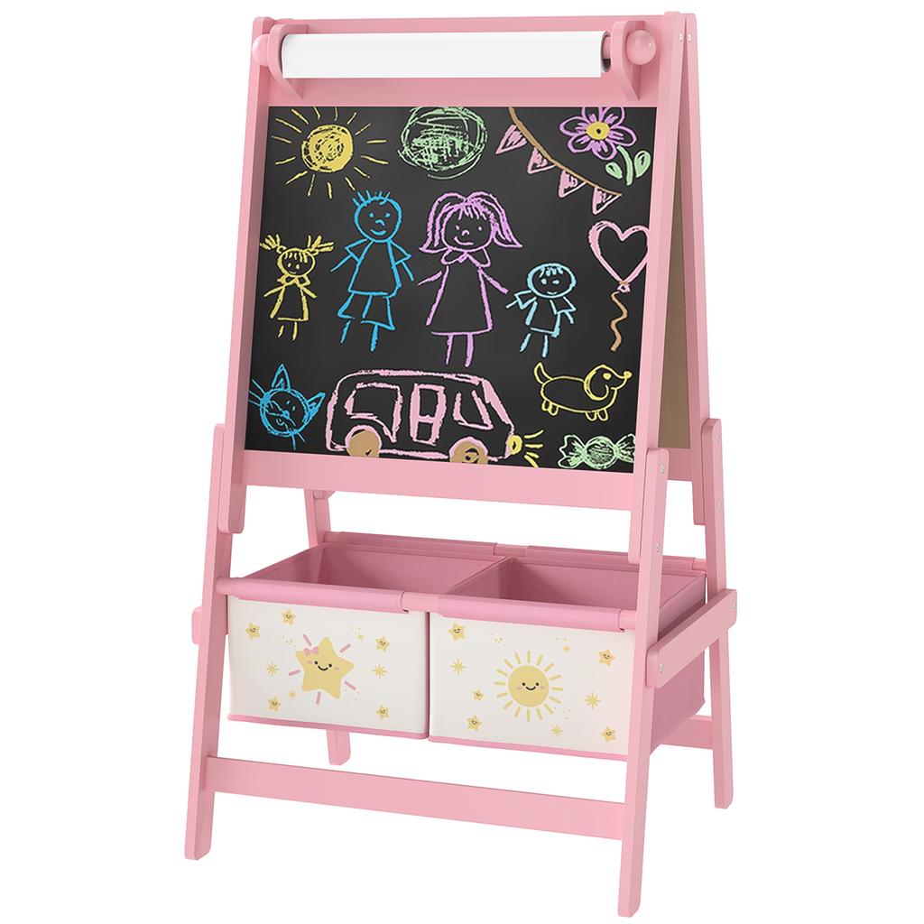 Art Easel for Kids, Double-Sided Whiteboard/Blackboard with Paper Roll, Two Storage Boxes, for Ages 3-8 Years, Pink