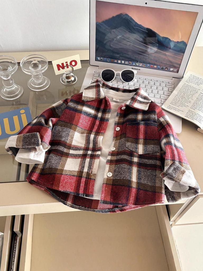 Kids' Retro Plaid Long-Sleeve Shirt with Lapel Collar - Unisex Autumn Cardigan Outerwear