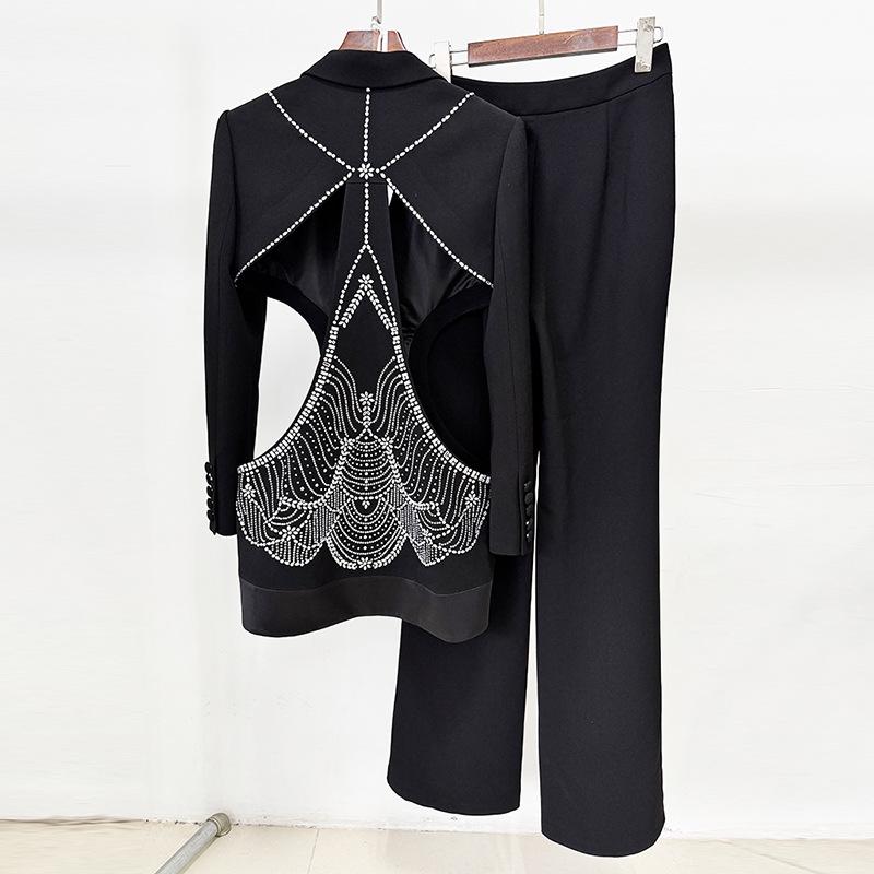 High Street Fashion 2026: Early Spring Hollow Out Hot Drilling Two-Piece Suit Set (Jacket & Trousers)