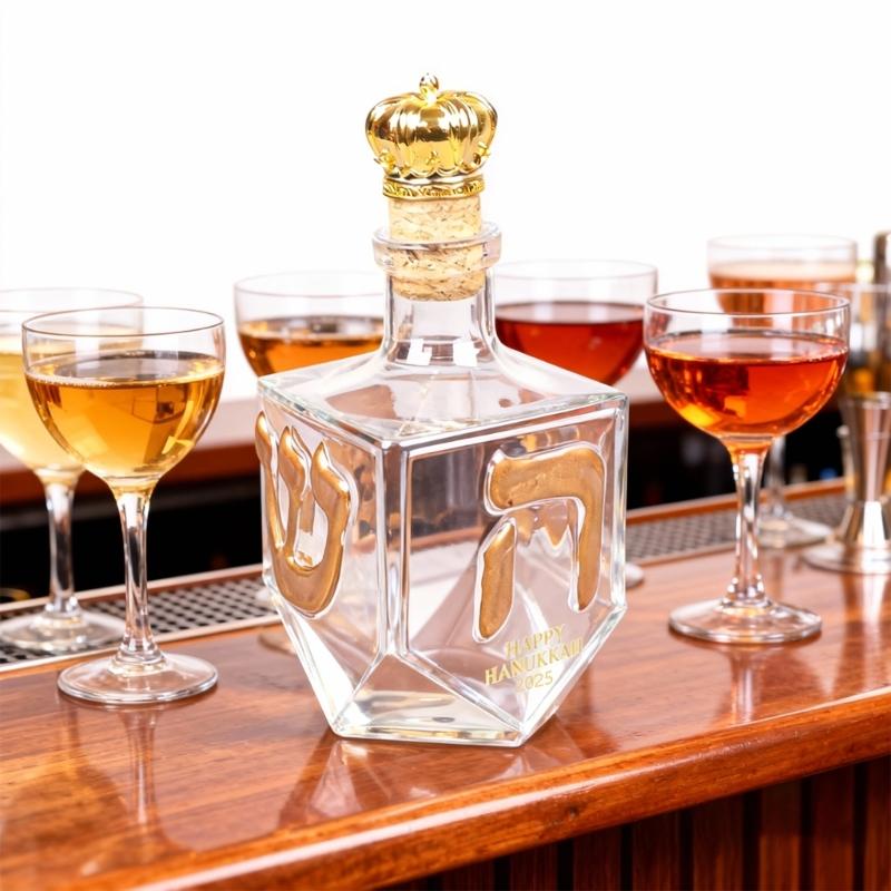 Artistic Glass Whiskeys Decanter with Gold Hebrew Letter Liquor Bottle with Hanukkah Themed Accent Centerpiece