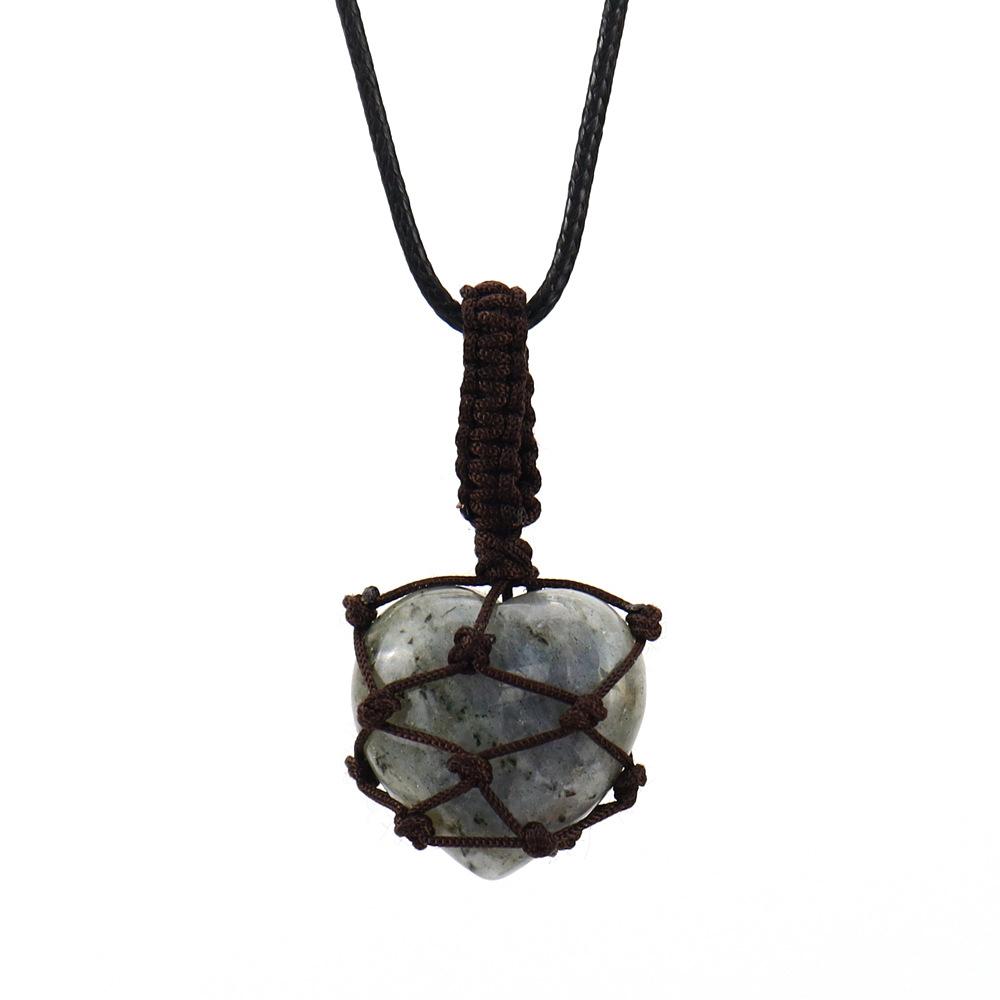 Natural Crystal Tiger Stone Agate Heart-Shaped Love Hand-Woven Mesh Pocket Pendant Necklace N704