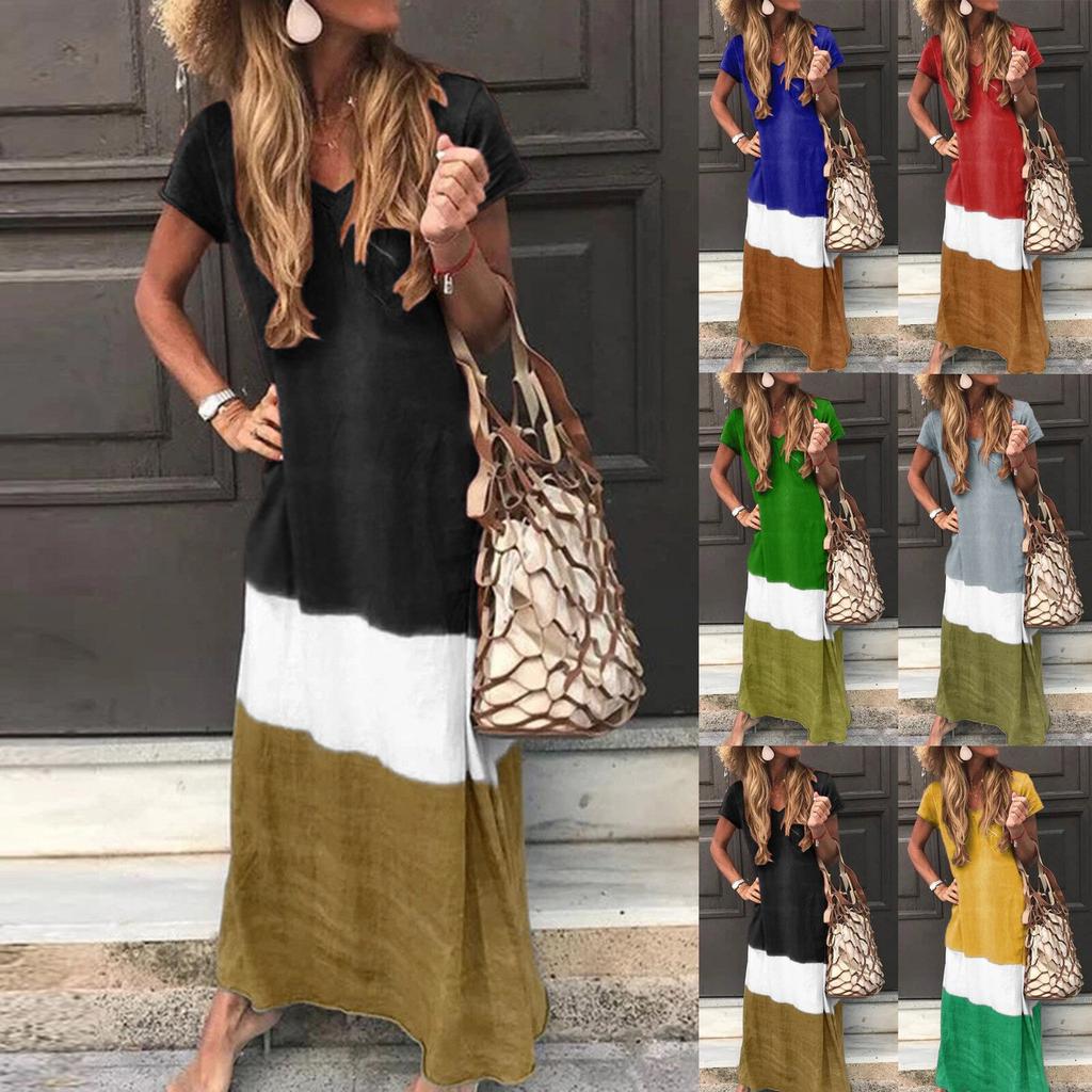 Summer Striped Print Casual Dress Women's V-neck Short Sleeve Vintage Dresses for Women Plus Size Beach Boho Loose Maxi Dress