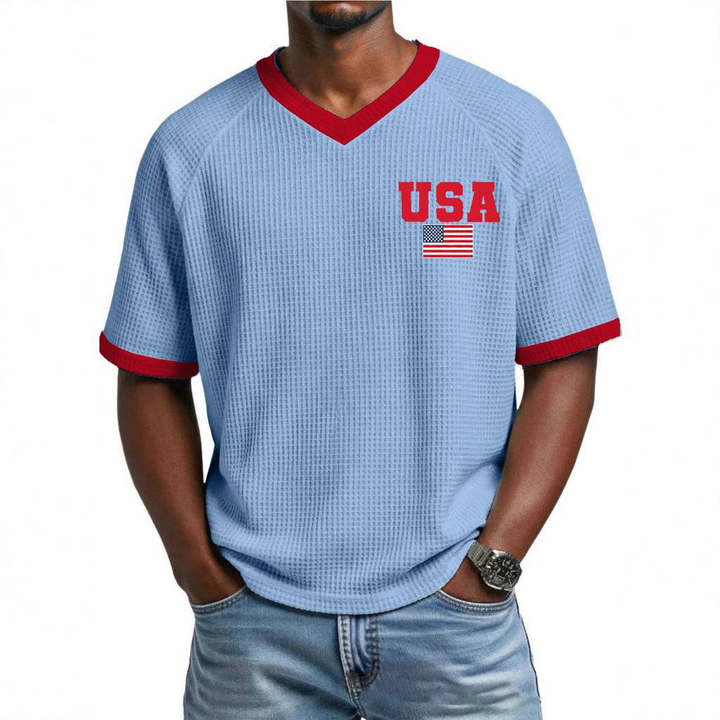 Men's Casual Fashionable Letter- Colorful Print Short-sleeved Shirt - Men's Breathable V-neck Short-sleeved Top