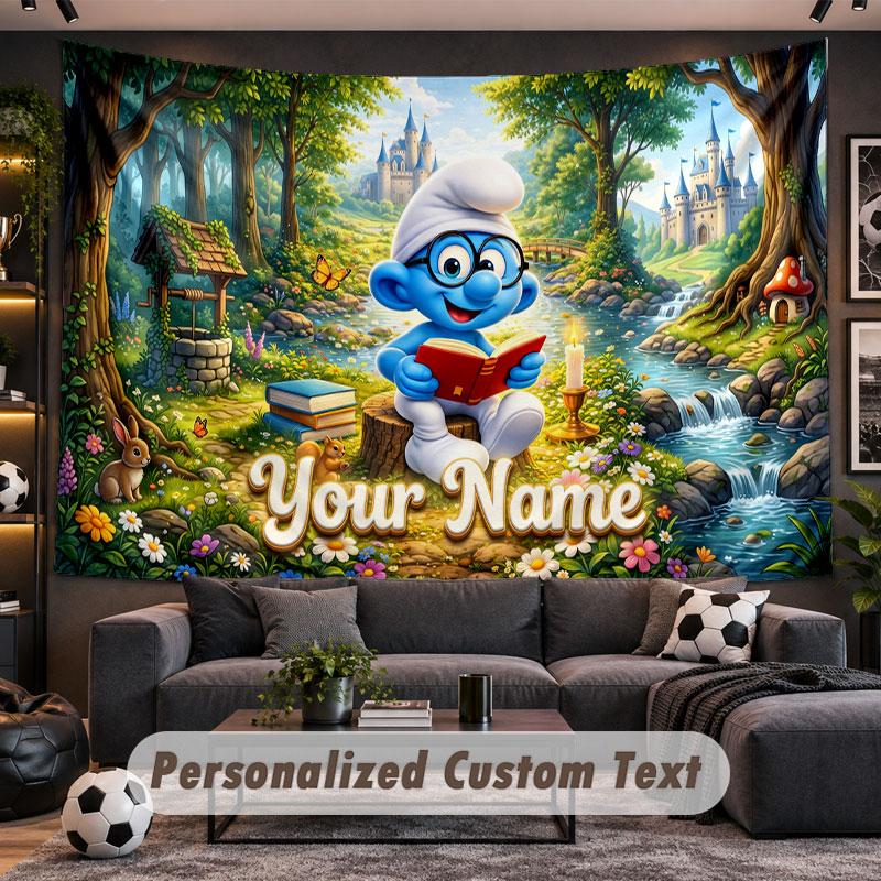 Wall Hanging Tapestry Custom NameSmurfs Pattern Personalized Printed Fabric Wall Decor