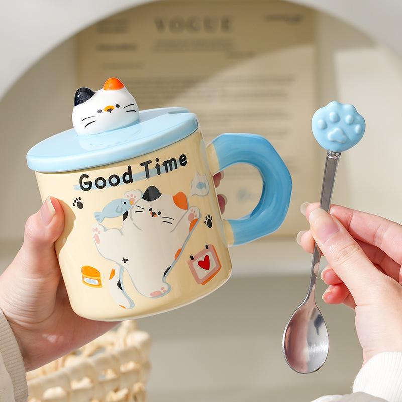 Cream cute kitten ceramic cup creative gift box ceramic mug drinking cup practical gift set