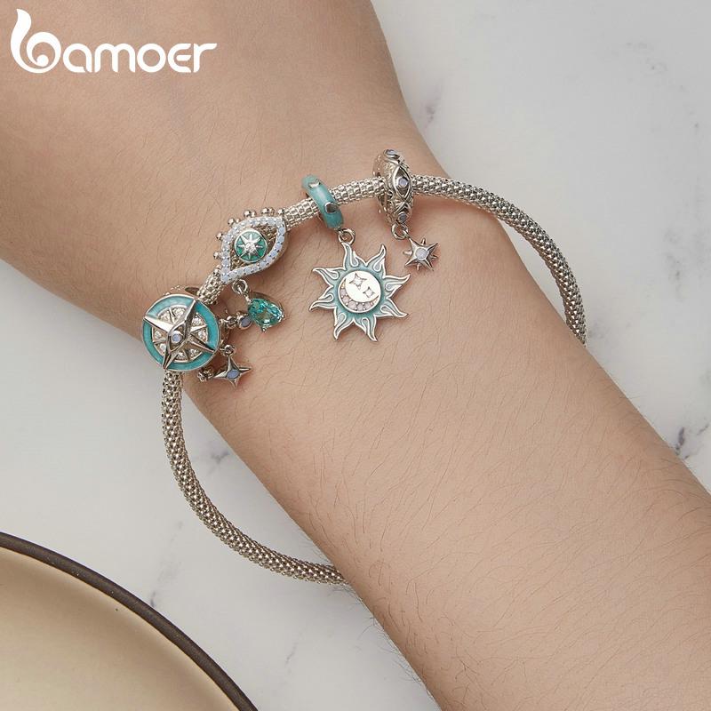 BAMOER 925 Sterling Silver Wing Heart Series Guard of Love Moonstone Charms for Women Original Bracelet Fine Jewelry