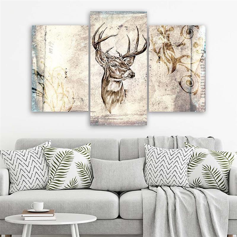 Three Piece Picture Canvas Print Deer Animals Shabby Chic