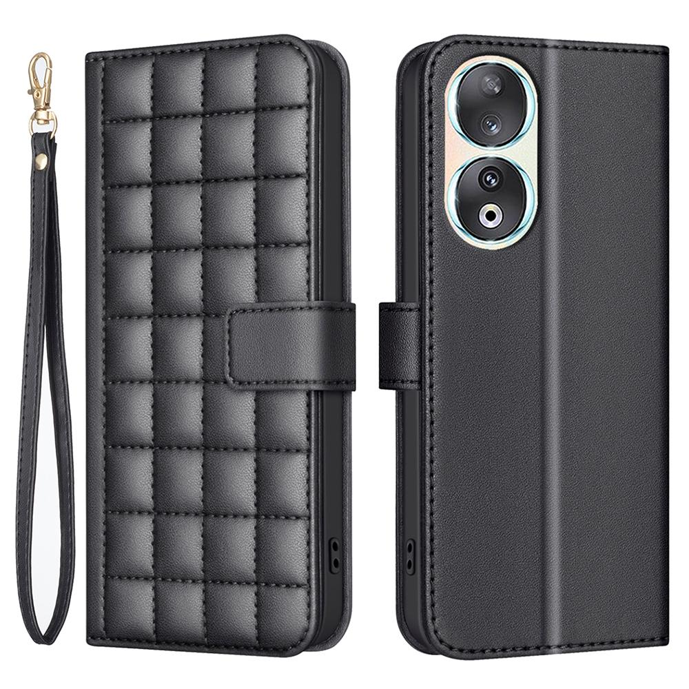 

For Honor 90 Case Square Grid Leather Wallet Cover with Hand Strap Black