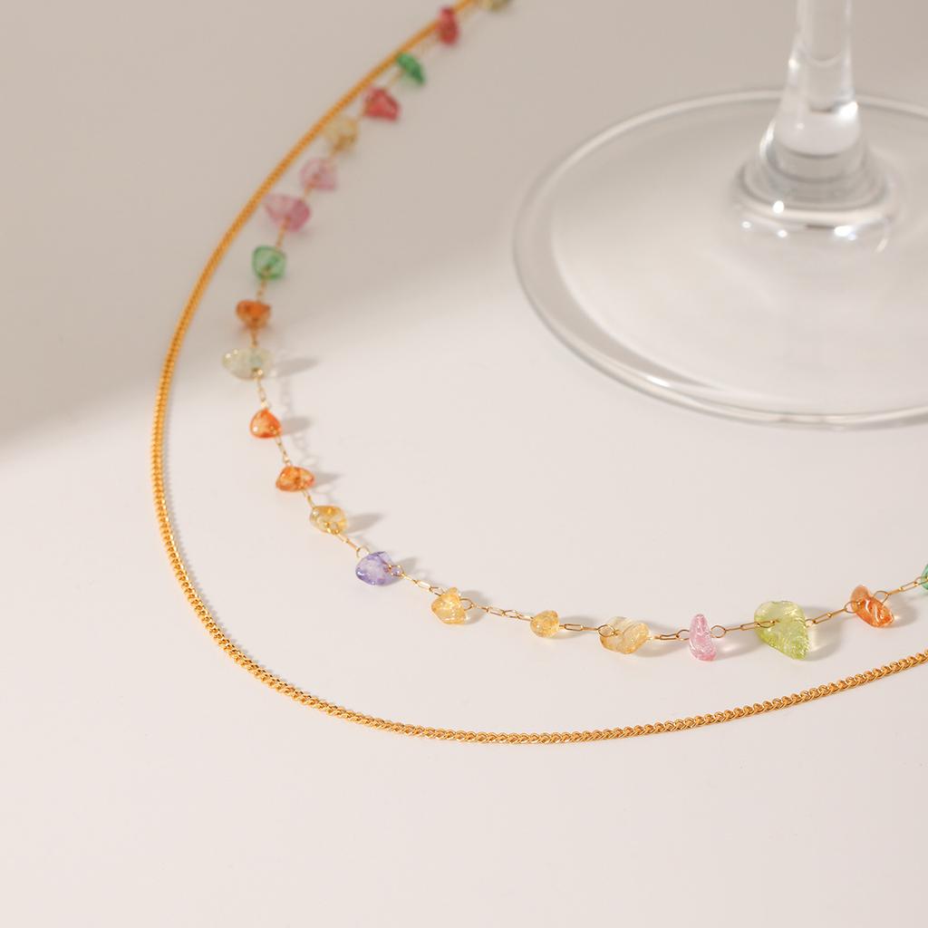 French light luxury colorful natural stone double-layer stainless steel necklace niche elegant clavicle chain