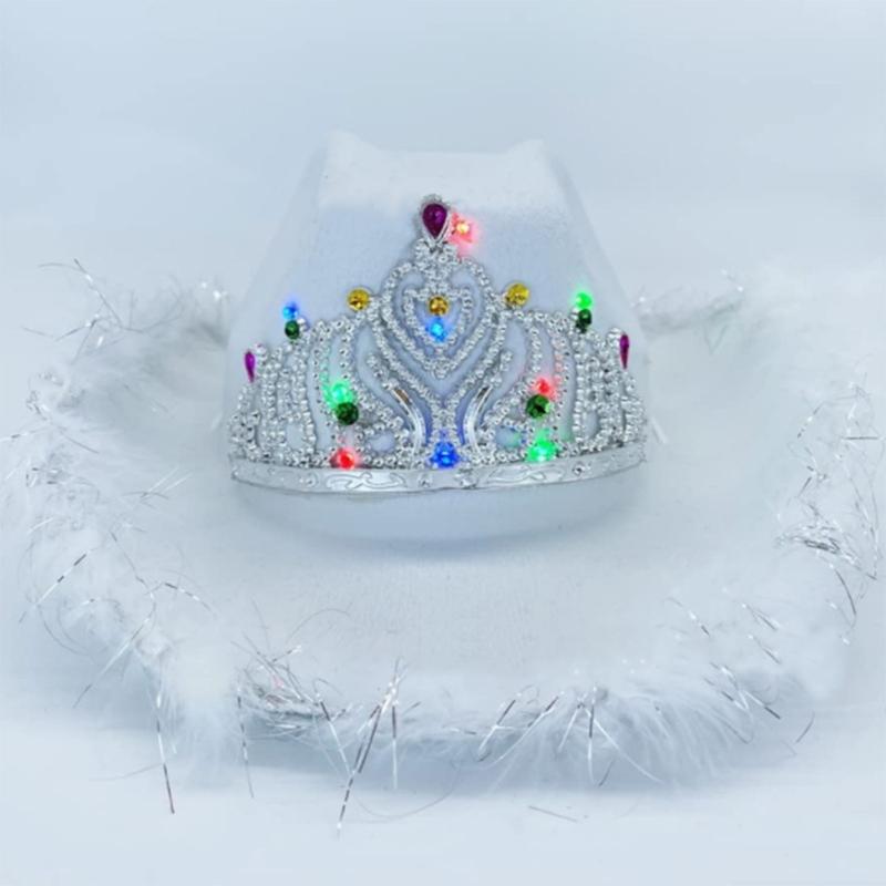 Rhinestone Crown Cowboy Hat Western Style Led Light Brim Hat Fedora Felt Cowboy Jazz Hat Accessory Wedding Party Hat