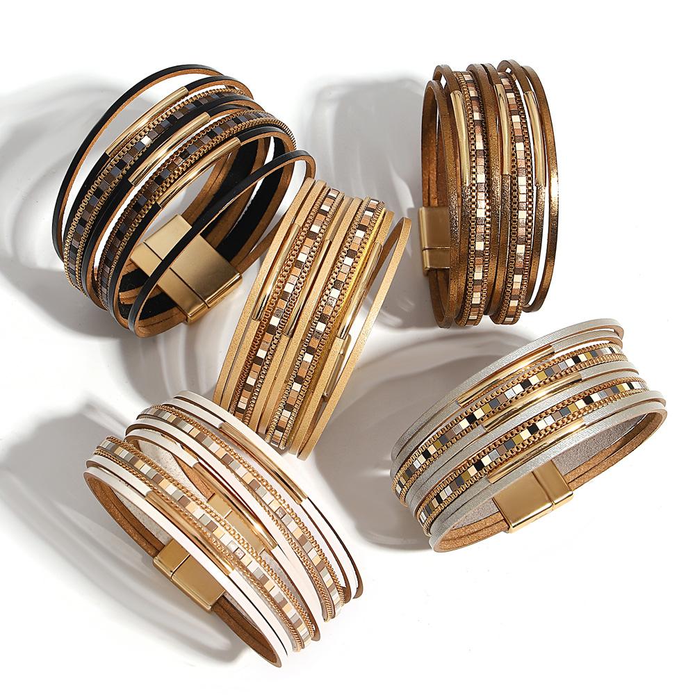 Square Leather Bracelet for Women Boho Tube Multilayer Wrap Wide Bangle Party Jewelry Accessory