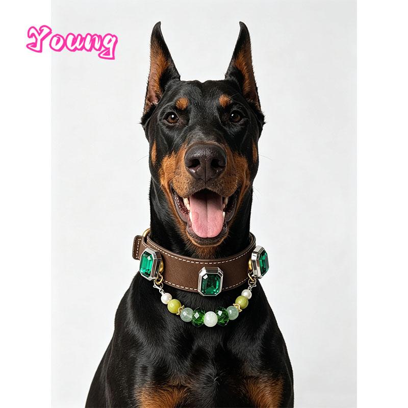 Leather Dog Collar with Detachable Natural Gemstone Charm – Green Fluorite Xiu Jade & Pearl Beaded Pet Necklace Padded Collar