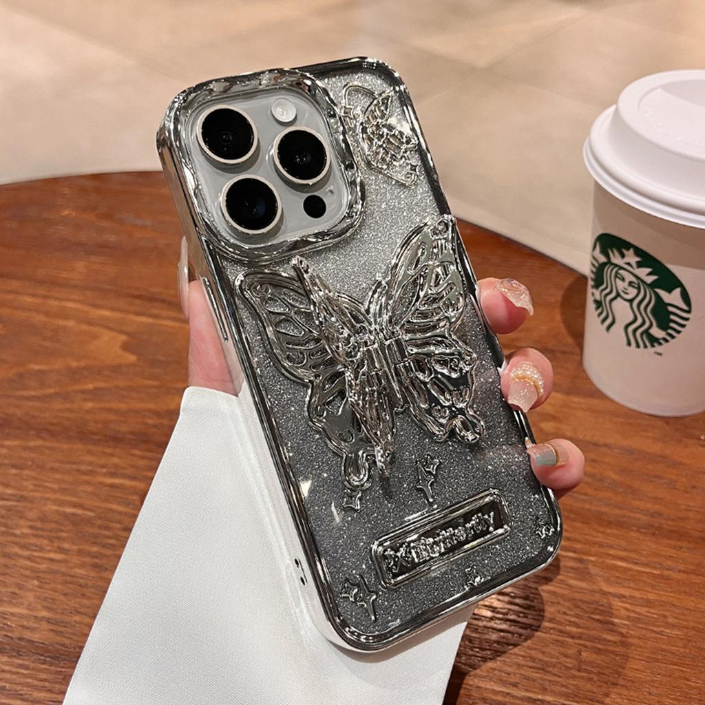 Luxury Plating 3D Butterfly Glitter Powder Phone Case for iPhone 15 14 13 12 11 Pro Max 15 Pro Stand Holder Soft TPU Case Cover
