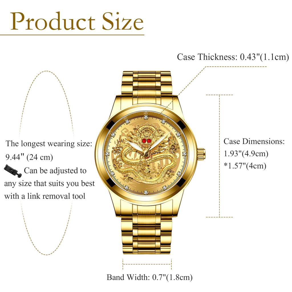 Gold Analog Dragon Retro Chinese Dragon Design with Stainless Steel and Stylish Gold Accessory Perfect Gift for or Christmas Men's Watch Strap,