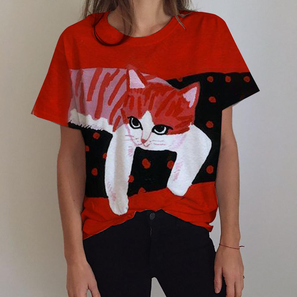 3D Printed Women's Flower T-shirt with Cat Pattern Short Sleeve Summer Fashion Street Round Neck T-shirt Top Loose Harajuku T-sh