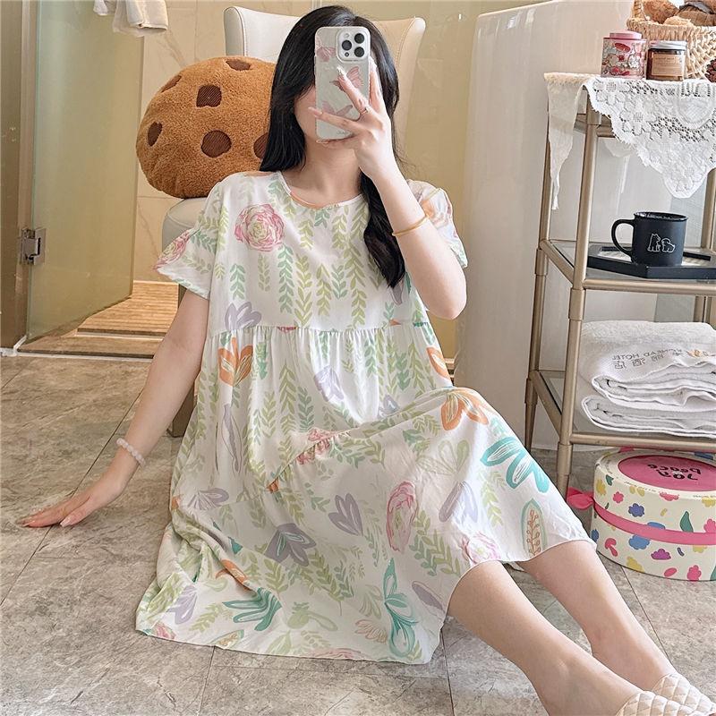 Cotton and Silk Nightgown Women's Summer Short-sleeved Large-size High-end Printed Maternity Pajamas Can Be Worn Outside Long Loungewear