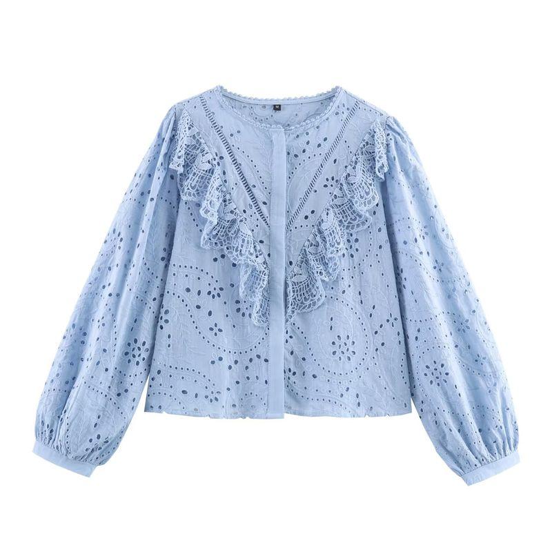 

Kaslead New Women clothes Western Style Fashion Simple and Versatile Hollow Embroidery Shirts 8741231 Light blue L