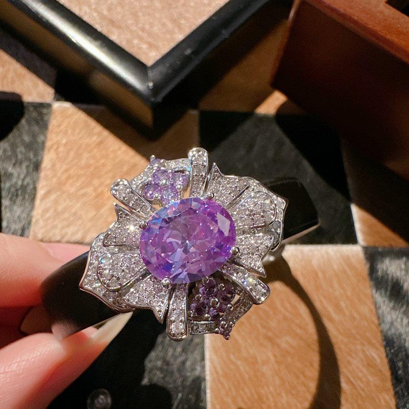 Uruguayan Purple Flower Gemstone Ring Vintage Plated 18K Gold, Tanzanian Amethyst Zircon Ring, Necklace