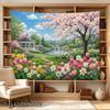 2D Flat, 1pc 2D Flat Tapestry Spring Garden Scene with Cherry Blossoms, Gazebo by Water Bridge, 2D Flat
