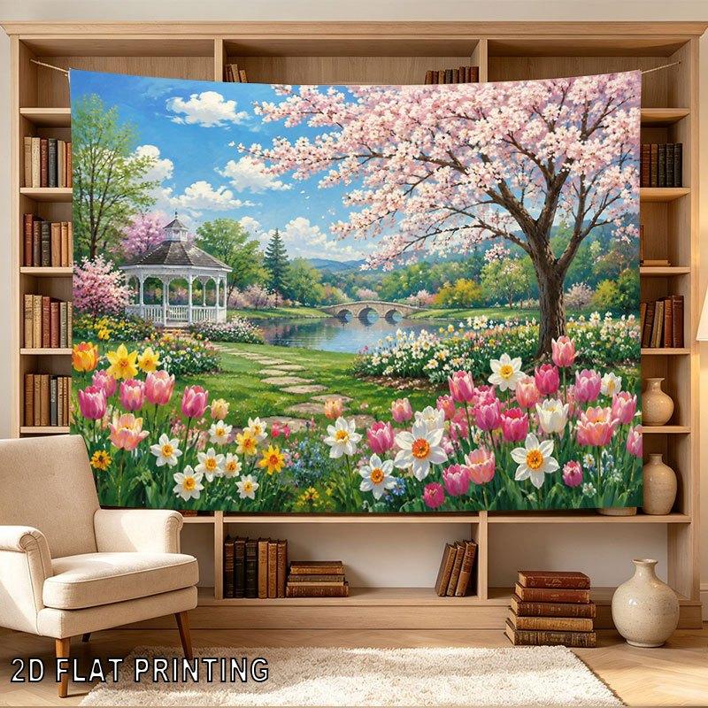 2D Flat, 1pc 2D Flat Tapestry Spring Garden Scene with Cherry Blossoms, Gazebo by Water Bridge, 2D Flat