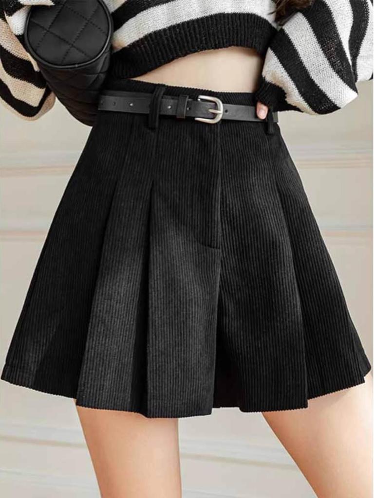 Women's High Waist Khaki Corduroy A-Line Pleated Skort for Autumn/Winter