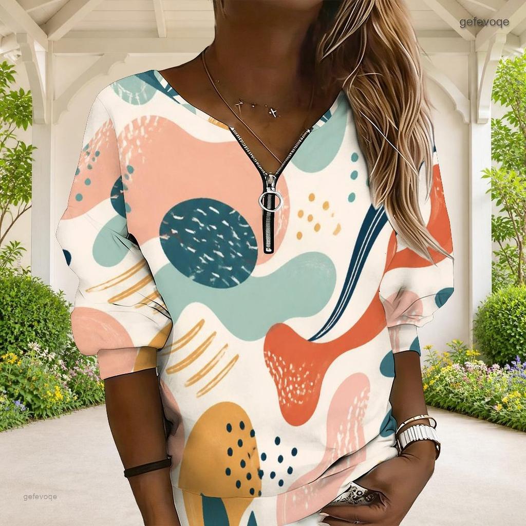 Women Plus Size Abstract Printed V Neck Front Zip Long Sleeve Sweatshirt
