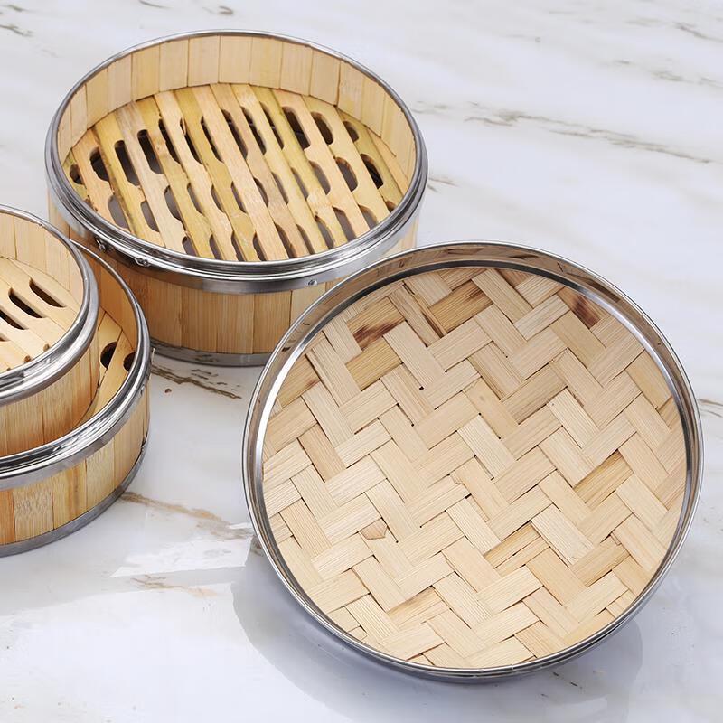 Bamboo Steamer Basket with Stainless Steel Rim