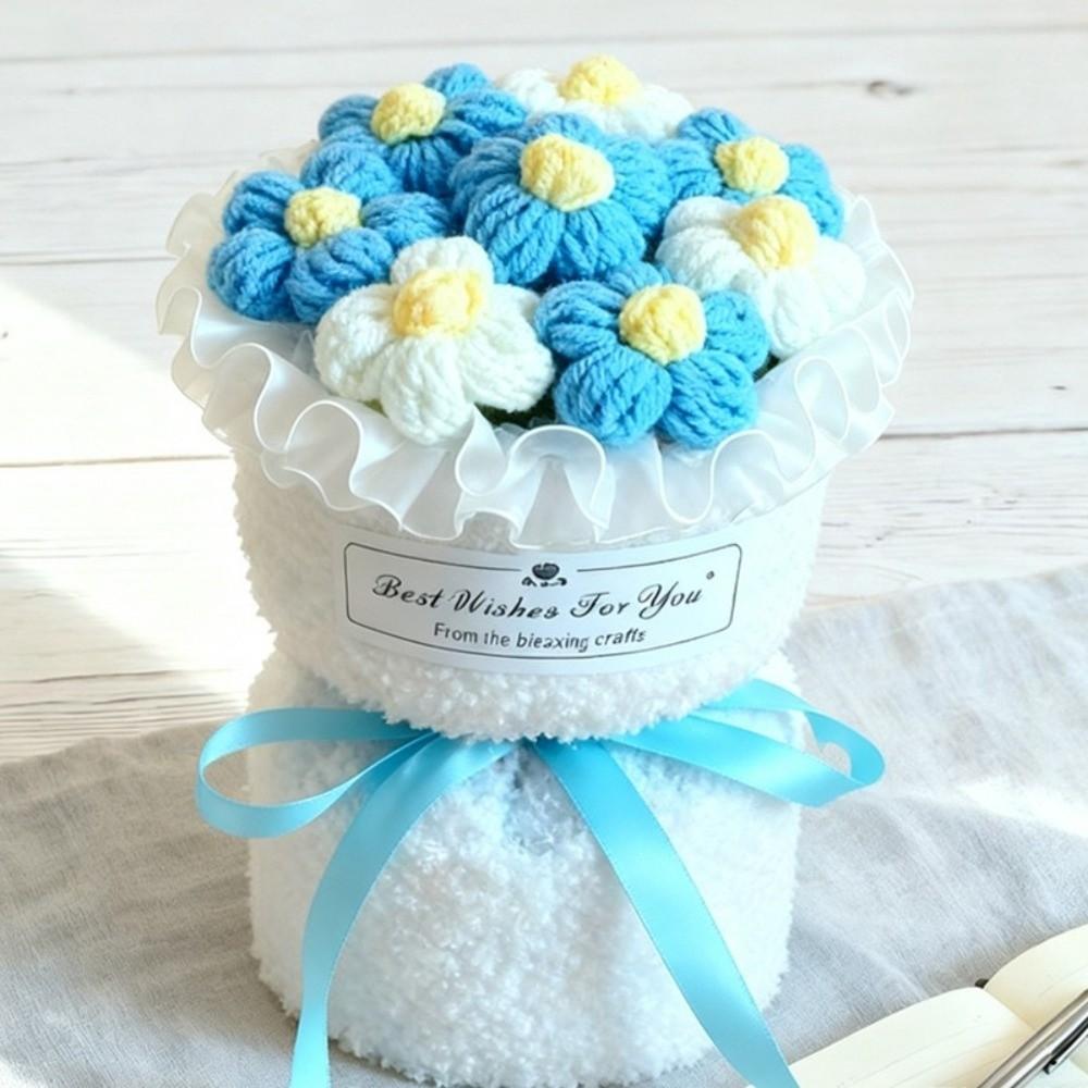 New Colorful Bouquet Handmade Knitted Crochet Flowers Artificial Finished Bouquet Romantic Crochet Woven Flower Wedding