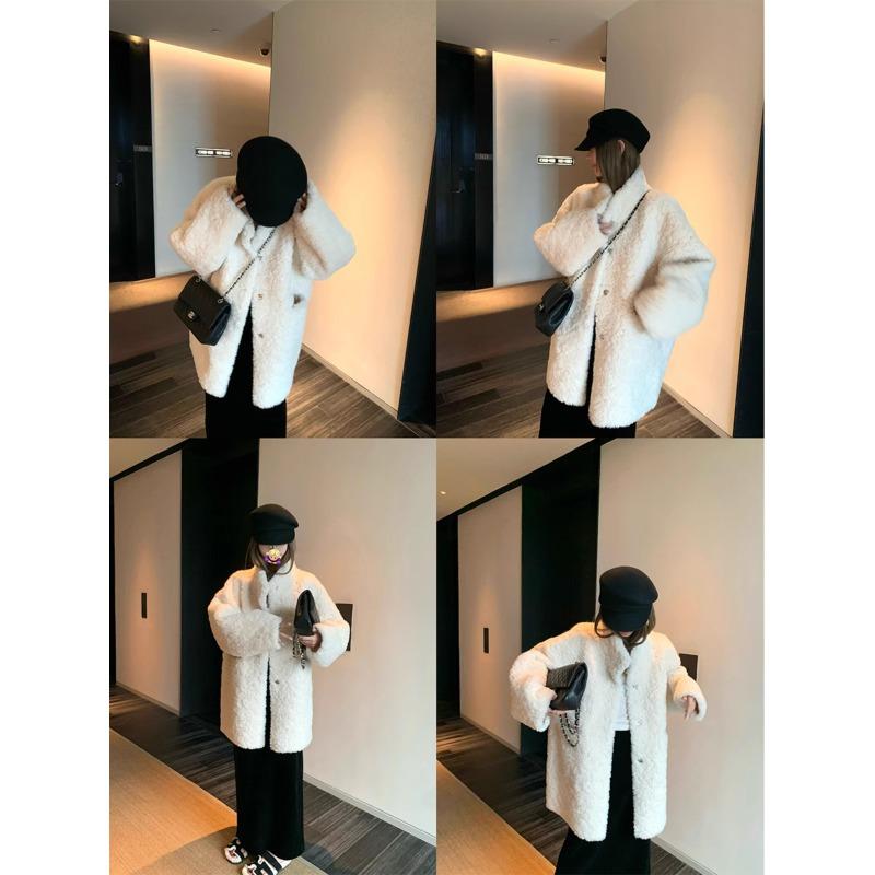 Mid-length Fur One-piece Coat Women's Winter Loose Lamb Wool Coat Fur Collar