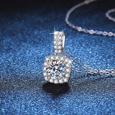 Real D Color Moissanite 1 CT Necklace 925 Sterling Silver Classic Square Bag Pendant for Women Wedding Necklace Gift GRA Jewelry